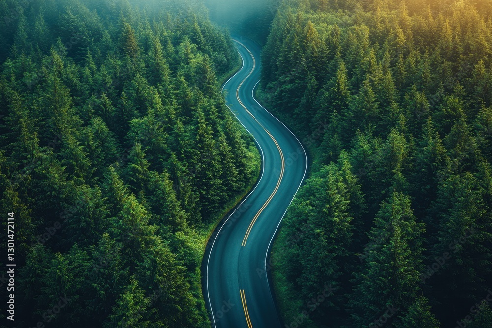 Winding Road Through Forest: A breathtaking aerial view of a serpentine road snaking its way through a dense, vibrant green forest, evoking a sense of journey and the allure of exploration. Winding Road Through Forest: A breathtaking aerial view of a serpentine road snaking its way through a dense, vibrant green forest, evoking a sense of journey and the allure of exploration.