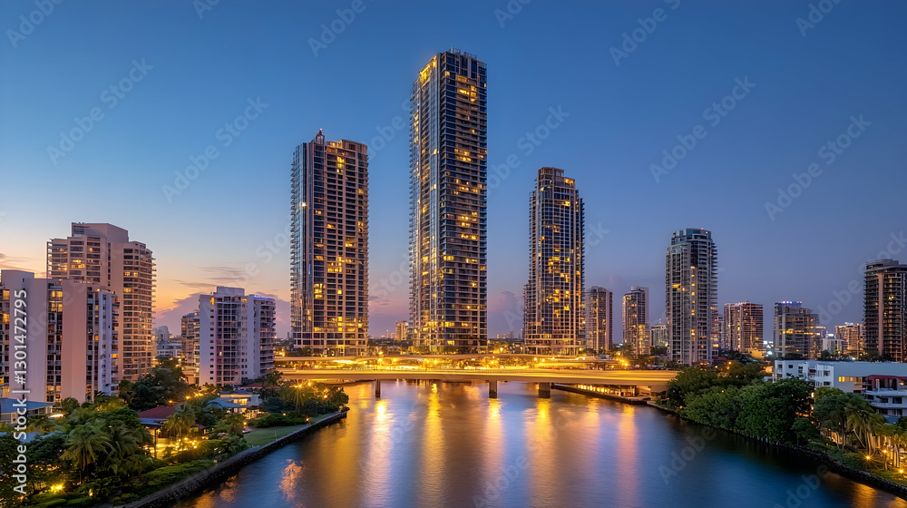 Fototapeta premium Miami skyline cityscape at twilight over canal