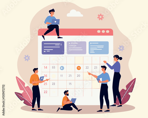 Business Task Management Concept - Vector Cartoon Illustration of Diverse Team Organizing Tasks Using a Spreadsheet and Calendar, Isolated on Background