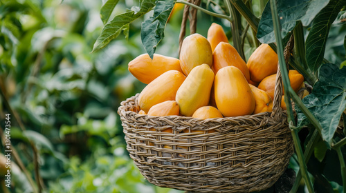 Freshly harvested papayas in a woven basket, hanging among lush green leaves, tropical farm scene, eco-friendly fruit cultivation, natural food production, exotic agriculture. photo