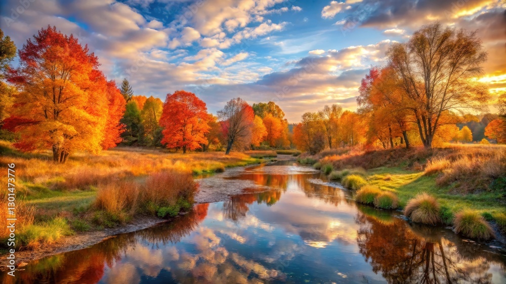 Obraz premium Autumnal River Landscape Vibrant foliage reflects in tranquil waters under a colorful sunrise sky