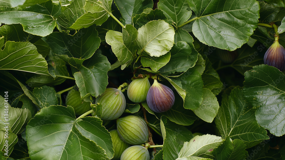 Clusters of ripe and unripe figs growing among dense green leaves, soft natural sunlight, organic farming, fresh seasonal harvest, sustainable agriculture, rich botanical texture, countryside orchard. Clusters of ripe and unripe figs growing among dense green leaves, soft natural sunlight, organic farming, fresh seasonal harvest, sustainable agriculture, rich botanical texture, countryside orchard.