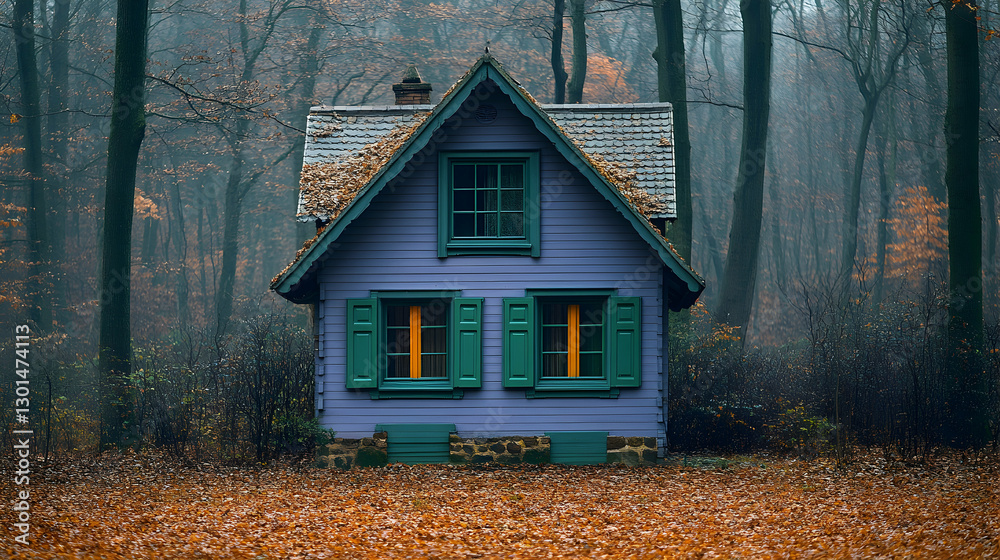 Obraz premium Misty Forest Cottage in Autumn (1)