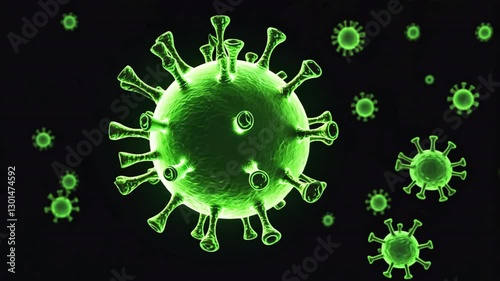 Green Virus Cells Illustrating Microscopic Infection in Dark Background