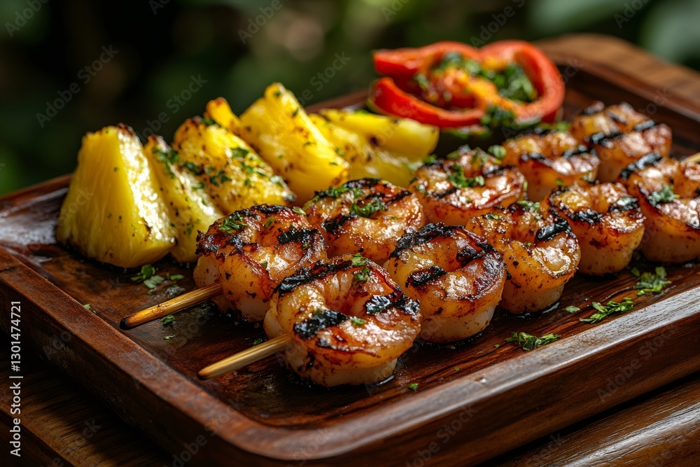 Grilled shrimp skewers served with pineapple and bell peppers on wooden tray Grilled shrimp skewers served with pineapple and bell peppers on wooden tray