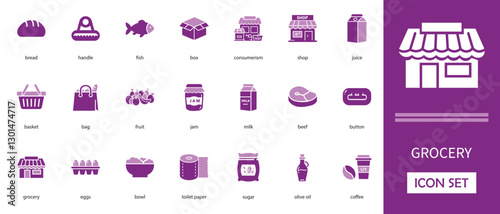 Grocery flat vector icon set. with fruits, olive oil, sugar, beef, eggs, grocery, handle and more  vector illustration  