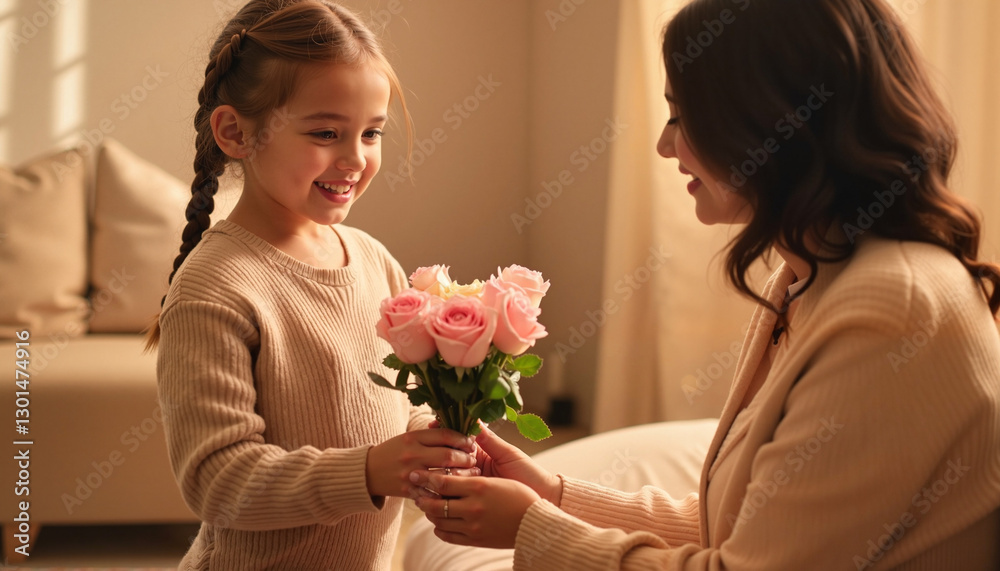 Young girl giving flowers joyfully to her mother in a cozy living room Young girl giving flowers joyfully to her mother in a cozy living room