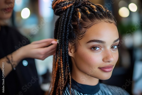 Hairdresser braiding client's hair in salon