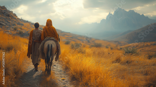 Mary and joseph on the road to jerusalem, mary who is pregnant is riding on a donkey, while joseph walks alongside. they are wearing ancient biblical clothing, cinematic lighting.