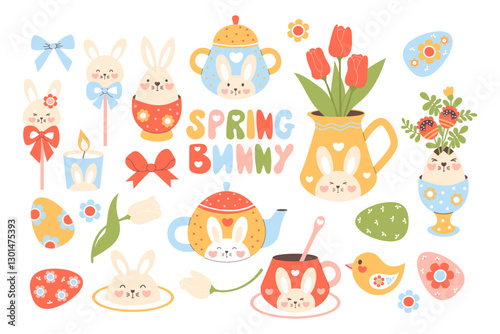 Cute Easter spring bunny decoration clipart. Isolated holiday tableware teapot, cups, sugar bowl, jug with bouquet tulips with rabbit decor, paschal eggs, festive party elements. Vector illustration
