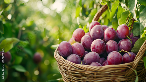 Ripe plums piled in a woven basket, hanging on a tree, surrounded by green foliage, summer harvest, organic orchard, natural farming, fresh produce, seasonal agriculture photo