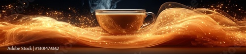 Coffee Cup with Steaming Liquid Surrounded by Glowing Light and Swirls. Generative AI photo