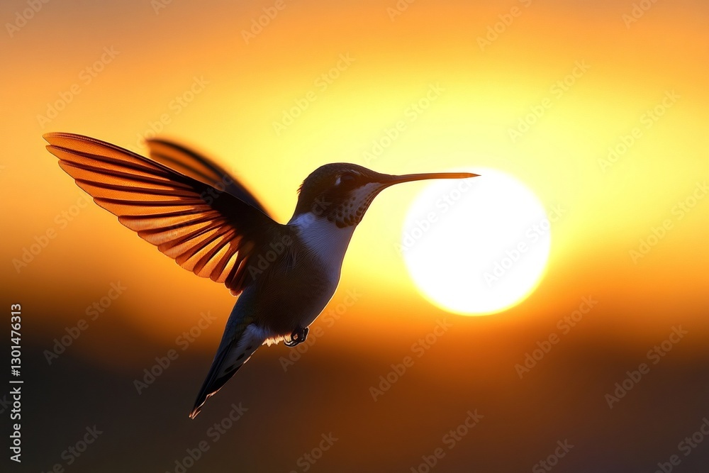 Fototapeta premium Hummingbird flying at sunset with open wings, freedom and nature concept