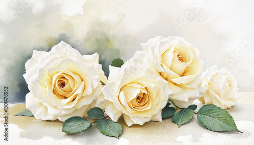 Beautiful white yellow roses in watercolor style with soft leaves and background