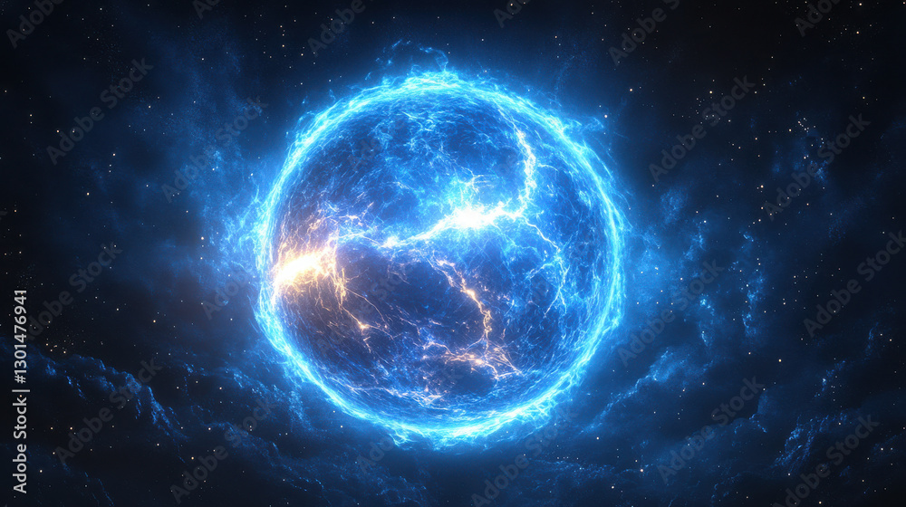 Fototapeta premium A glowing blue energy sphere with swirling lines and particles on black background, glowing white light emanating from the center of it.