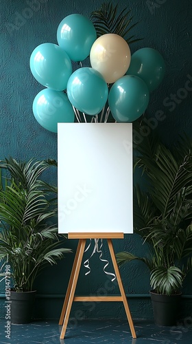 Blank canvas, balloons, plants, teal backdrop