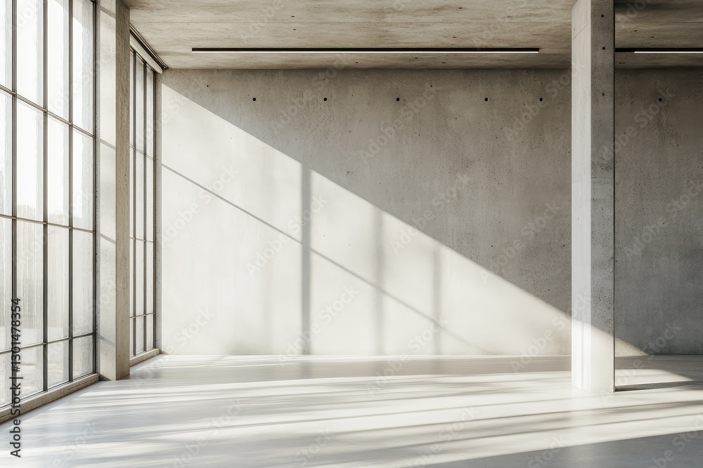 Fototapeta premium Modern concrete interior with sunlight and empty wall mockup place. AI generated illustration.
