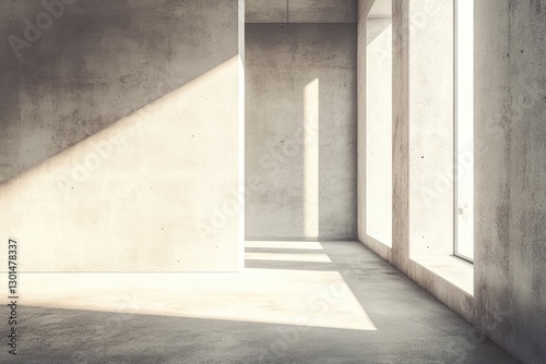 Modern concrete interior with sunlight and empty wall mockup place. AI generated illustration.