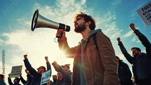 Protestor speaking into megaphone, public demonstration