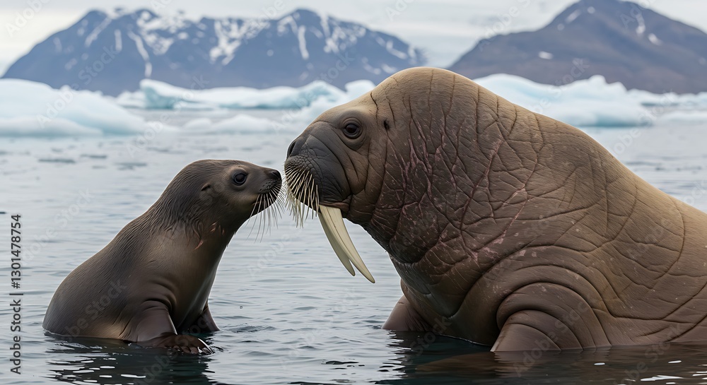 Fototapeta premium Arctic Walrus and Pup: Tender Moment in Serene Landscape