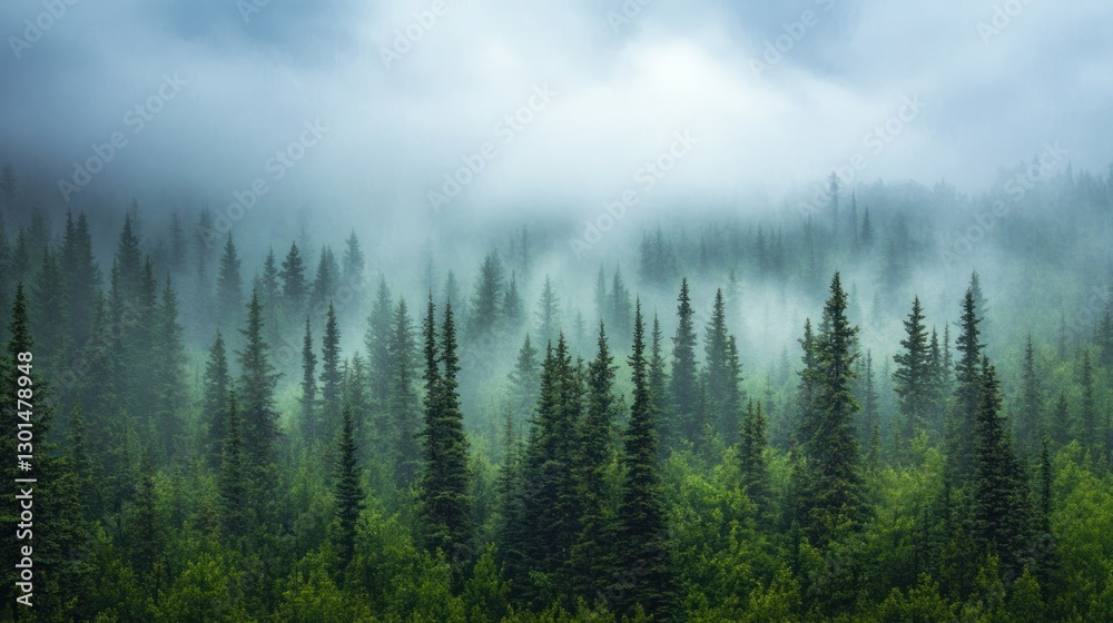 Misty Forest Canopy: A Serene Landscape of Tall Evergreen Trees Misty Forest Canopy: A Serene Landscape of Tall Evergreen Trees