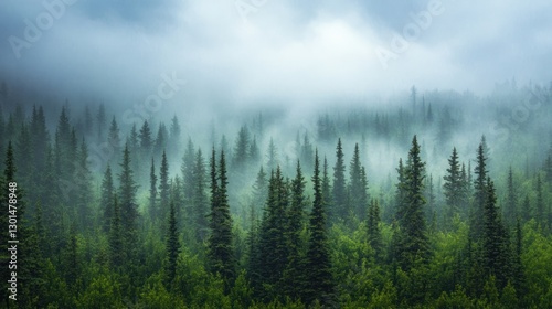 Misty Forest Canopy: A Serene Landscape of Tall Evergreen Trees