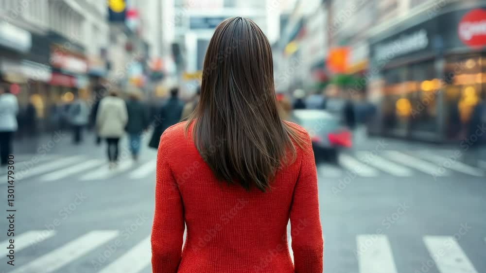 A woman in a red sweater stands in a crowded street A woman in a red sweater stands in a crowded street