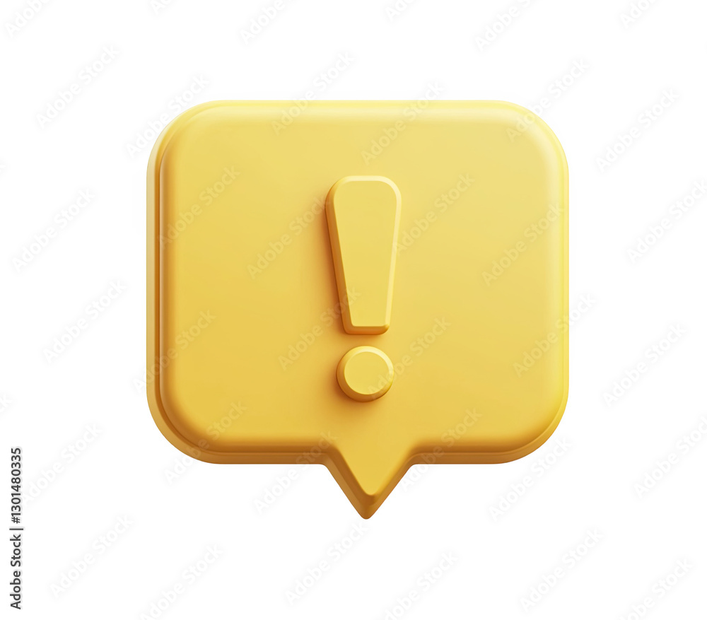 3D icon of a yellow speech bubble with an exclamation mark, on a white background 3D icon of a yellow speech bubble with an exclamation mark, on a white background