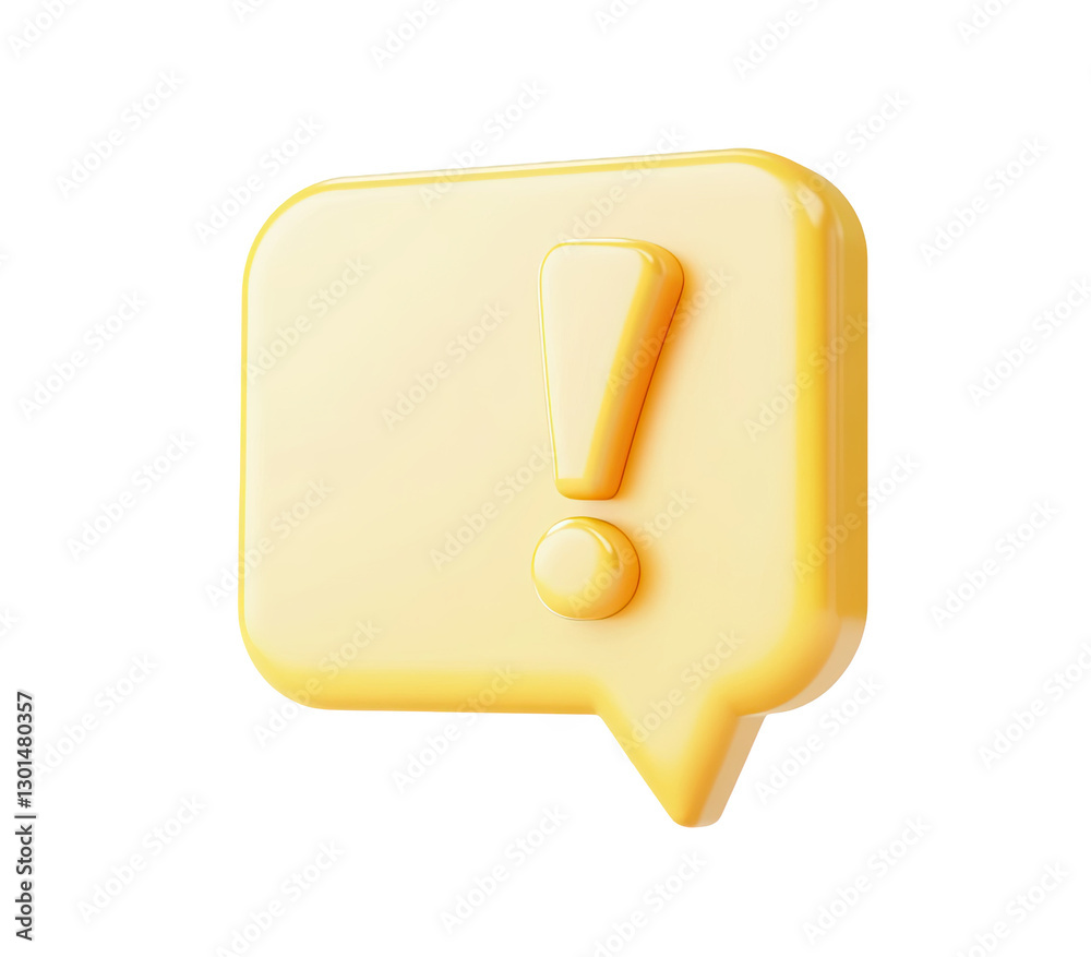 3D icon of a yellow speech bubble with an exclamation mark, on a white background