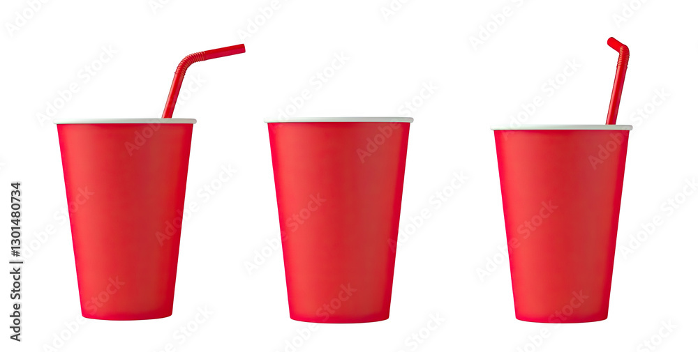 3D red paper cup with straw, photographed from different angles, on a white background 3D red paper cup with straw, photographed from different angles, on a white background