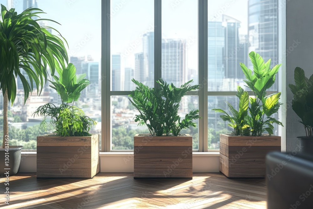 Fototapeta premium Modern coworking office with plants, city view, and daylight. AI generated illustration.