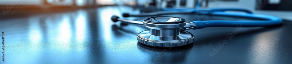 A close-up view of a stethoscope placed on a black desk in a medical environment. Generative AI A close-up view of a stethoscope placed on a black desk in a medical environment. Generative AI