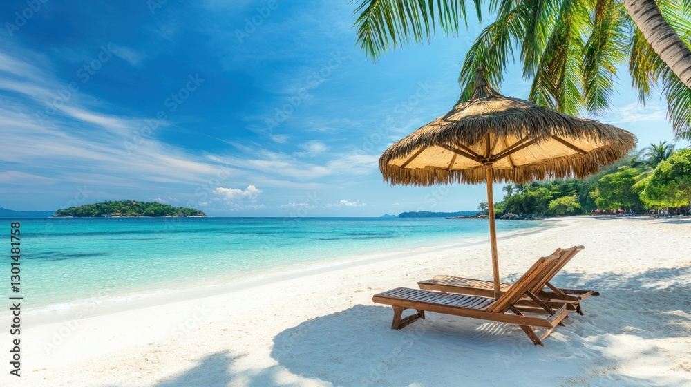 Obraz premium Idyllic Tropical Beach Scene with White Sand and Turquoise Water Paradise