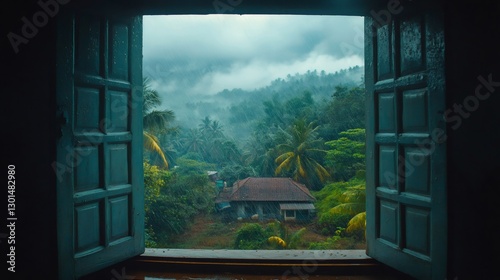 Rain falling on a tropical forest viewed through an open window