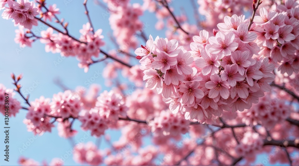 Obraz premium Lush pink cherry blossoms in full bloom, densely clustered on branches, bright cerulean blue sky backdrop, soft diffused daylight, delicate floral details, vibrant springtime nature scene 