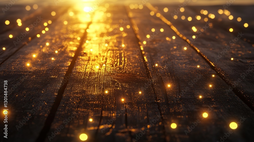 Obraz premium Warm Golden Lights on Dark Rustic Wooden Background Perfect for Holiday Designs Winter Festive Season Elegant Glowing Sparkle Texture Photo Overlay 
