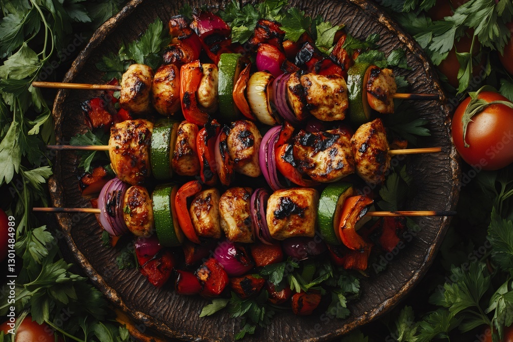 Fototapeta premium Grilled chicken and vegetable skewers with fresh herbs on rustic plate