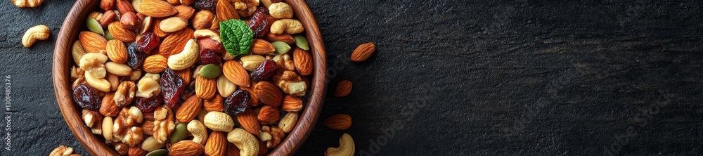 Fototapeta premium Healthy Mixed Nuts and Fruits in a Wooden Bowl on Dark Table. Generative AI