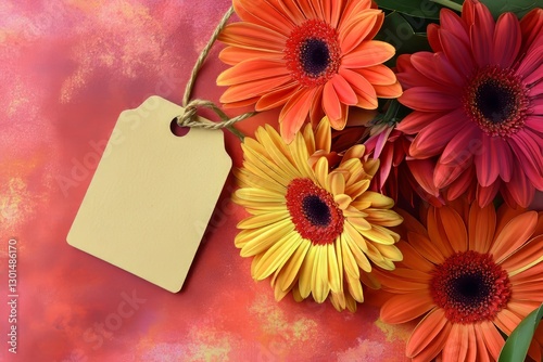 A top view of colorful Gerbera flowers arranged in a row, featuring a blank tag on a pink background, symbolizing Mother's Day