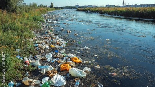 Polluted riverbank filled with plastic bottles waste and pollution under bright sunlight. Generative AI photo
