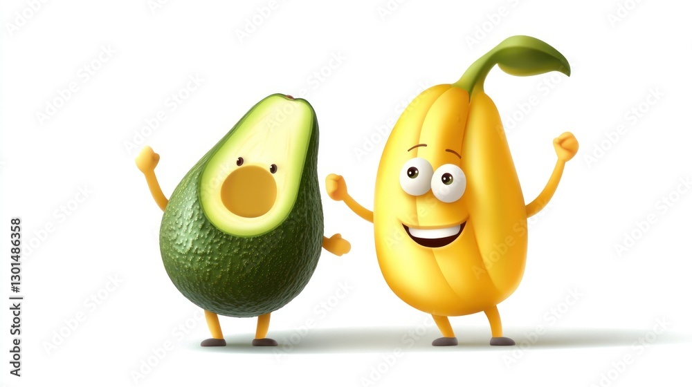 Cartoon Avocado & Pear, Happy Pose, Studio Cartoon Avocado & Pear, Happy Pose, Studio