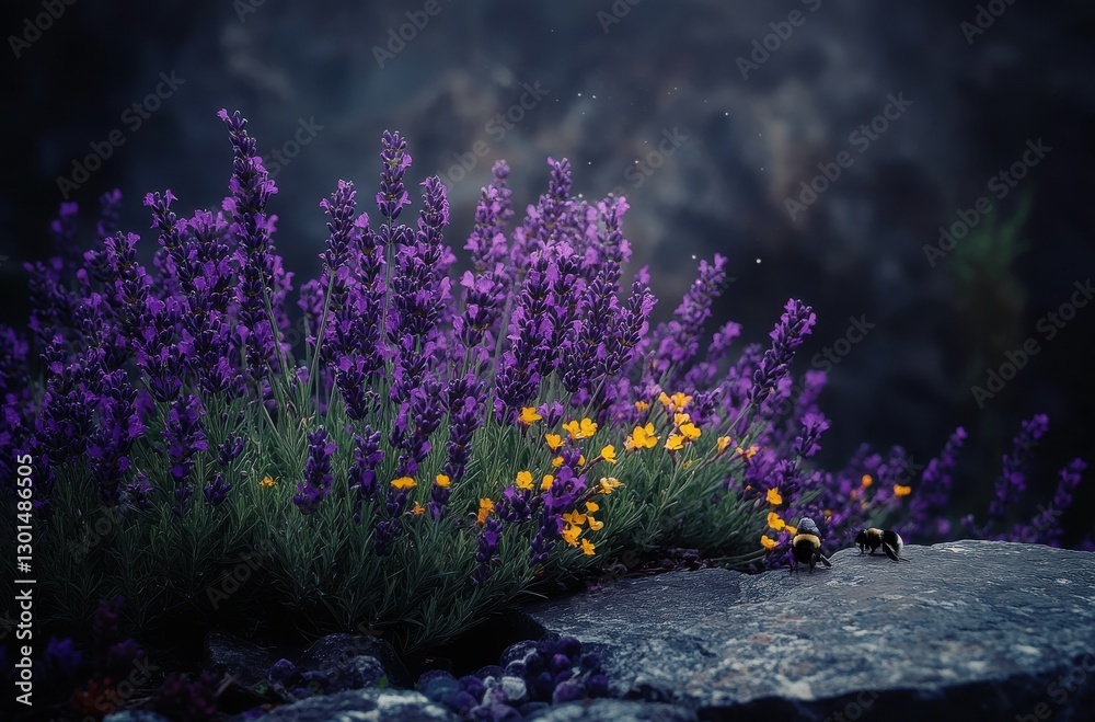 Obraz premium Vibrant lavender blossoms and wildflowers with bees working hard in a serene nature scene, capturing the beauty of pollination and garden life