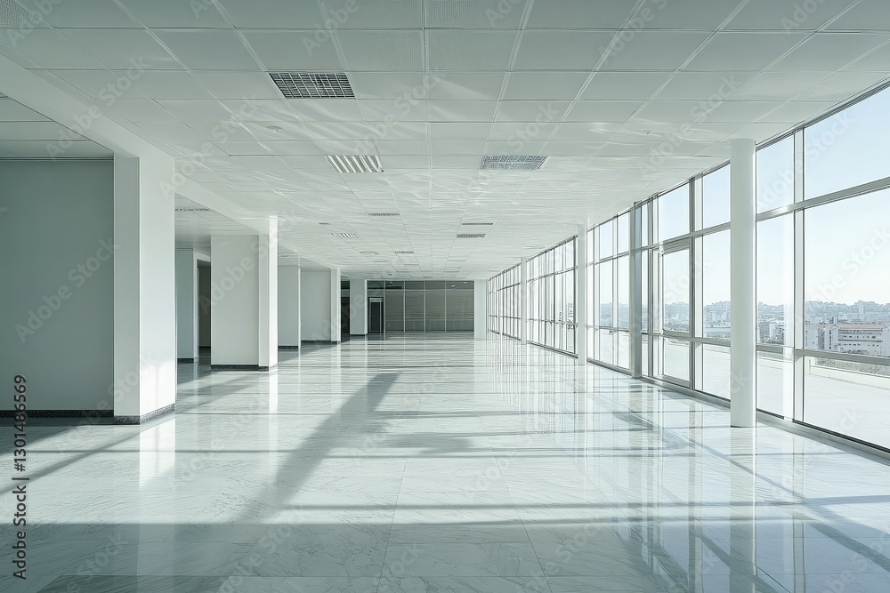 Modern empty office with minimalist design and open space. AI generated illustration. Modern empty office with minimalist design and open space. AI generated illustration.