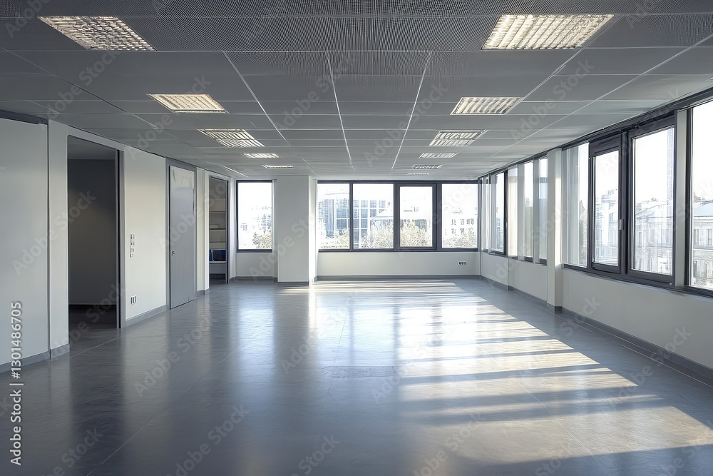 Modern empty office with minimalist design and open space. AI generated illustration. Modern empty office with minimalist design and open space. AI generated illustration.