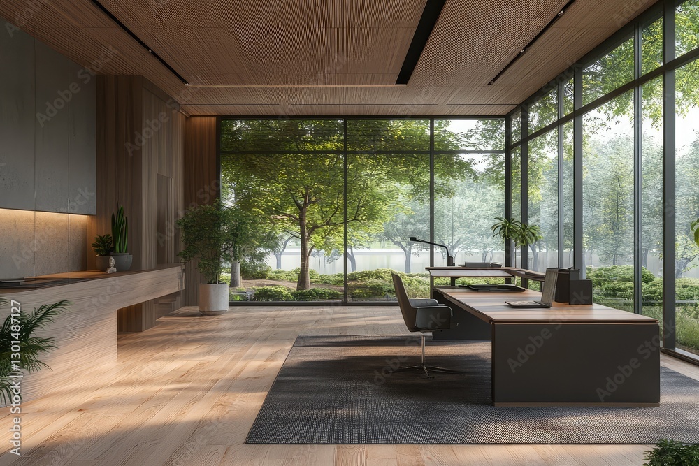 Fototapeta premium Modern empty office interior with a spacious city view. AI generated illustration.