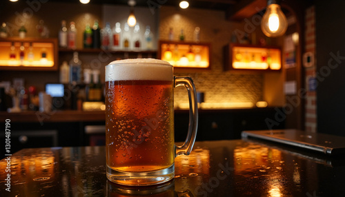 Glass of cold beer on a bar counter