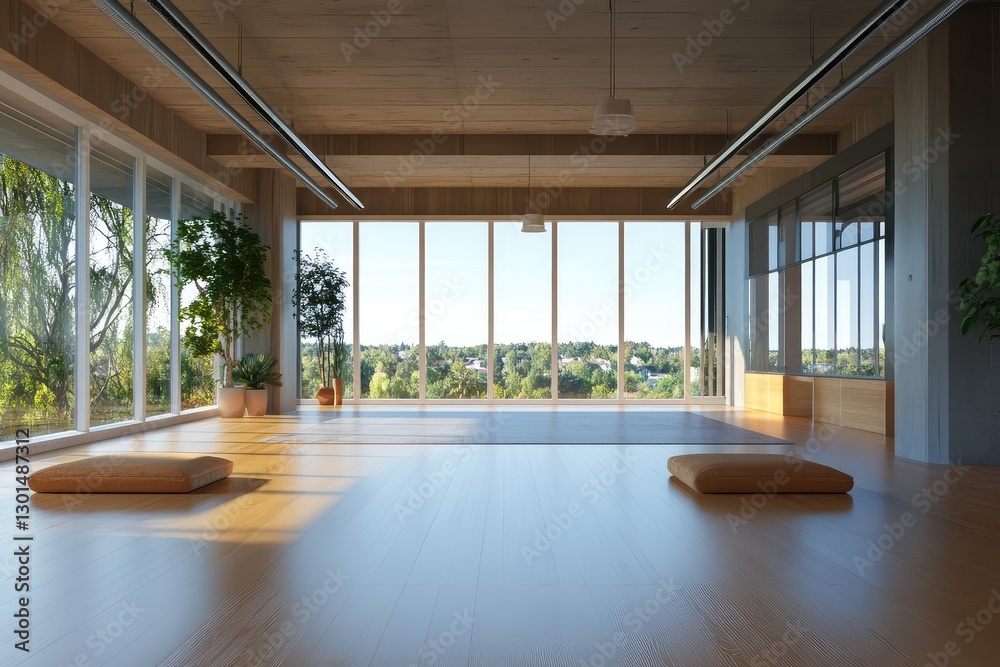 Fototapeta premium Modern empty office interior with a spacious city view. AI generated illustration.