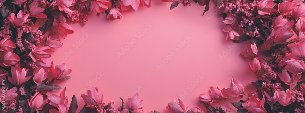 Obraz premium Pink Holiday banner. Bouquet of pink tulips on a pink background. Concept for Mothers Day, Valentines Day, and Birthday celebrations. Copy space included, top view