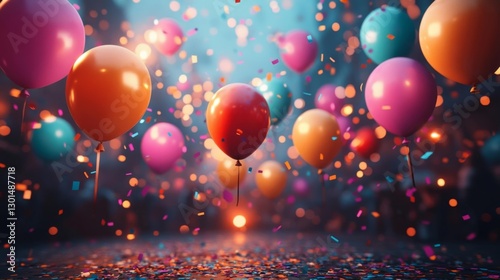 Festive Celebration with Balloons and Confetti in a Magical Event Atmosphere. Generative AI photo