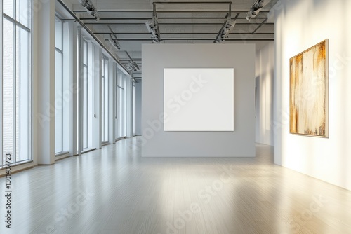 Modern gallery interior featuring a blank banner display. AI generated illustration.